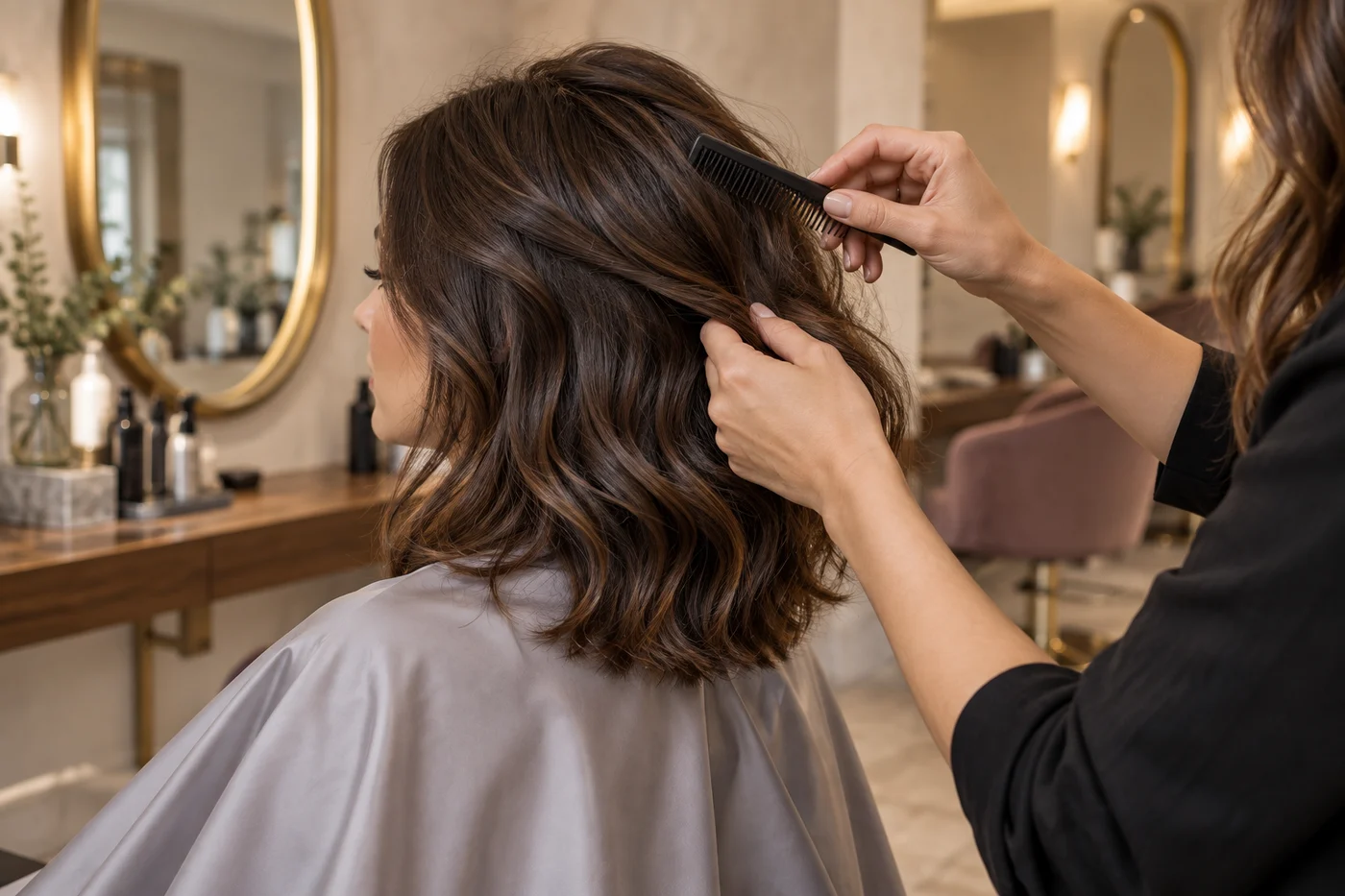Mãos de uma profissional organizando as ondas do cabelo com um pente