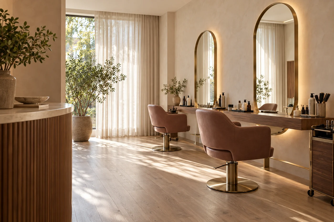 Atelier com cadeiras rosa seco, espelhos ovais e luz natural